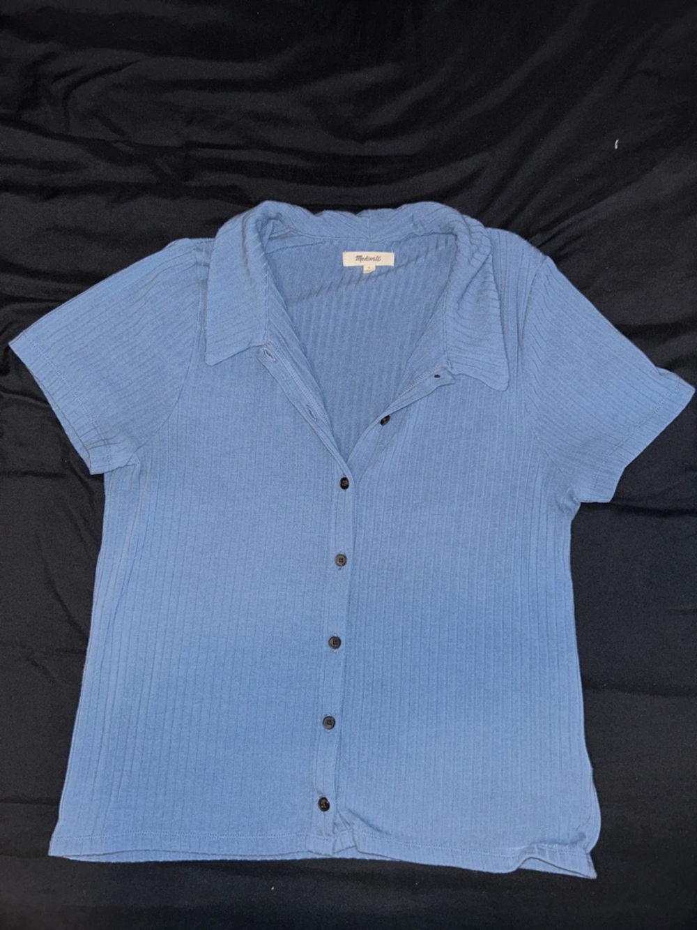 Madewell Large Blue Ribbed Button-Up Cotton Blend Top